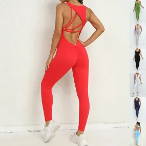 Yoga 
Jumpsuit V-shaped Back Design
 Sleeveless Fitness Running Sportswear Stretch Tights Pants For Womens Clothing