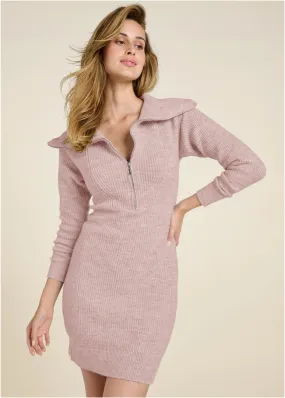 Zip Front Sweater Dress  - Tan